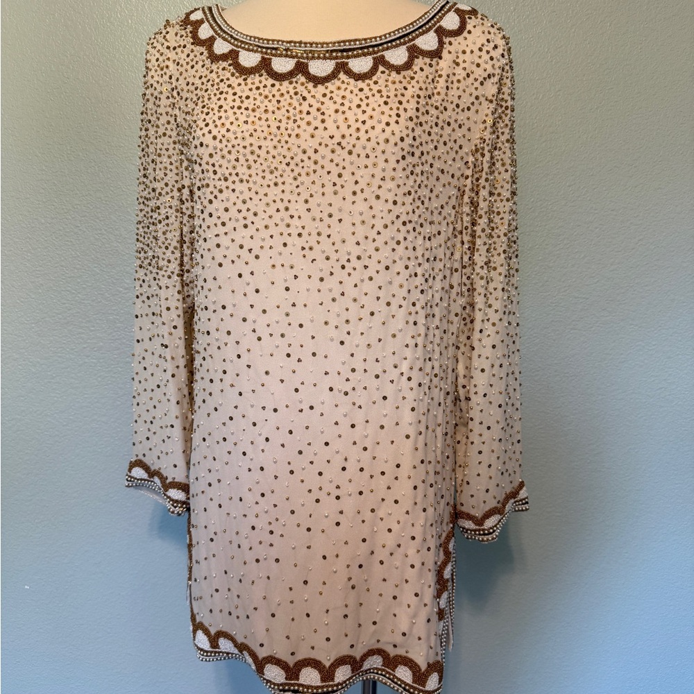 Naeem Khan Cream & Gold Beaded Long Sleeve Dress